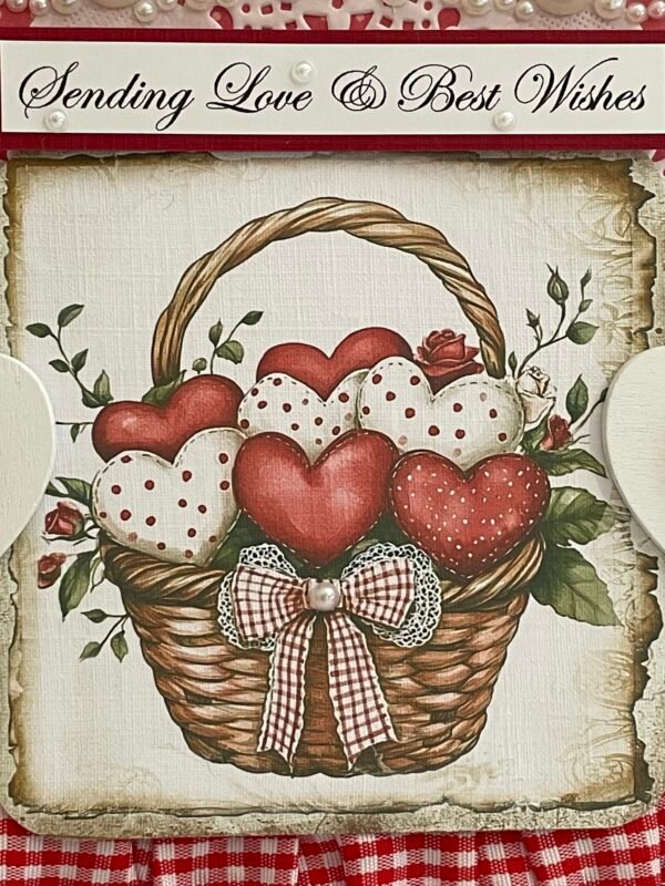 6x6" Luxury Handmade Card Topper - Red Gingham Basket Of Hearts - Image 2