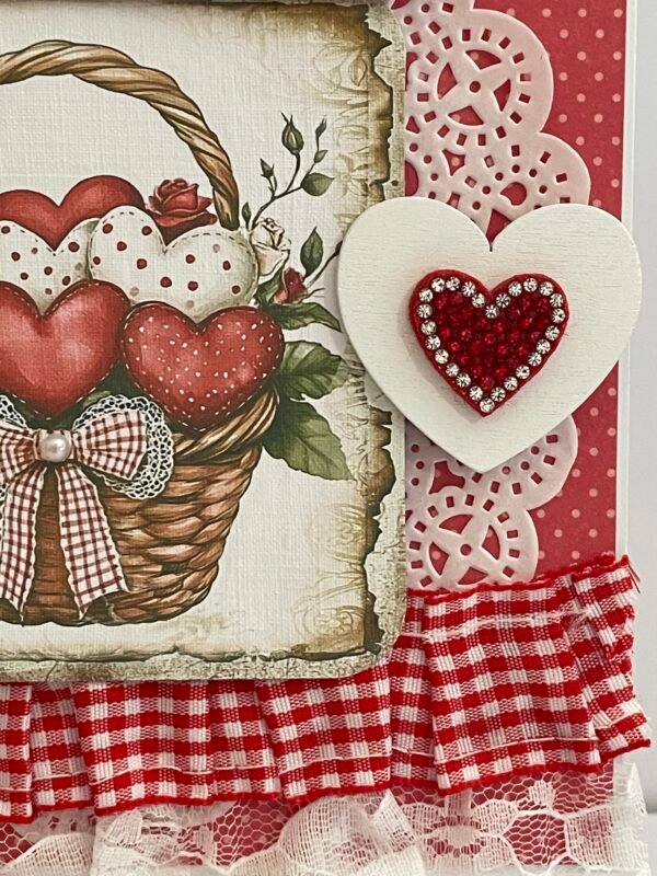 6x6" Luxury Handmade Card Topper - Red Gingham Basket Of Hearts - Image 3