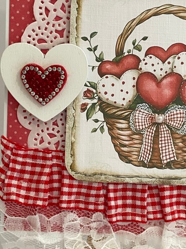 6x6" Luxury Handmade Card Topper - Red Gingham Basket Of Hearts - Image 4