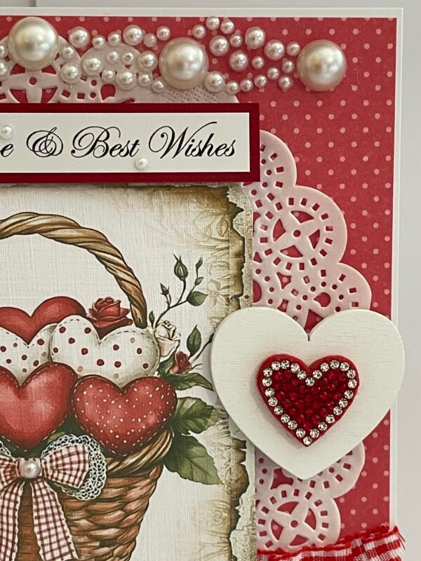 6x6" Luxury Handmade Card Topper - Red Gingham Basket Of Hearts - Image 5