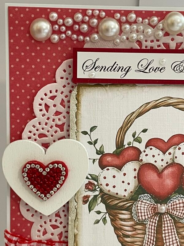 6x6" Luxury Handmade Card Topper - Red Gingham Basket Of Hearts - Image 6