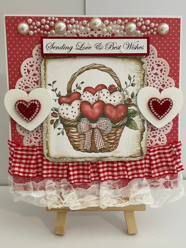6x6" Luxury Handmade Card Topper - Red Gingham Basket Of Hearts