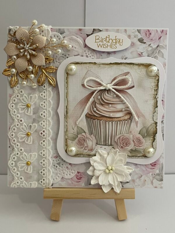 6x6" Luxury 3D Handmade Birthday Card Topper - SHABBY PEARL CUPCAKE - Image 7