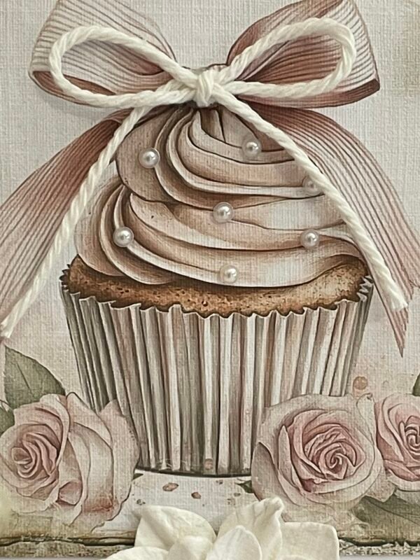 6x6" Luxury 3D Handmade Birthday Card Topper - SHABBY PEARL CUPCAKE - Image 2