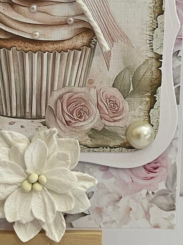 6x6" Luxury 3D Handmade Birthday Card Topper - SHABBY PEARL CUPCAKE - Image 5