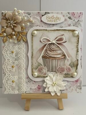6x6" Luxury 3D Handmade Birthday Card Topper - SHABBY PEARL CUPCAKE