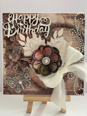 6x6" Luxury 3D Handmade Vintage Shabby Floral Birthday Card Topper - Heart - Butterfly