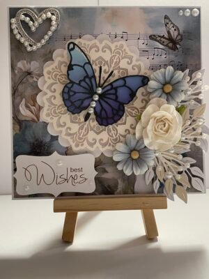 6x6" Luxury 3D Handmade Floral Card Topper - Blue Butterfly - Heart - Best Wishes