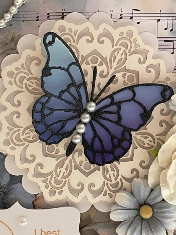 6x6" Luxury 3D Handmade Floral Card Topper - Blue Butterfly - Heart - Best Wishes - Image 2