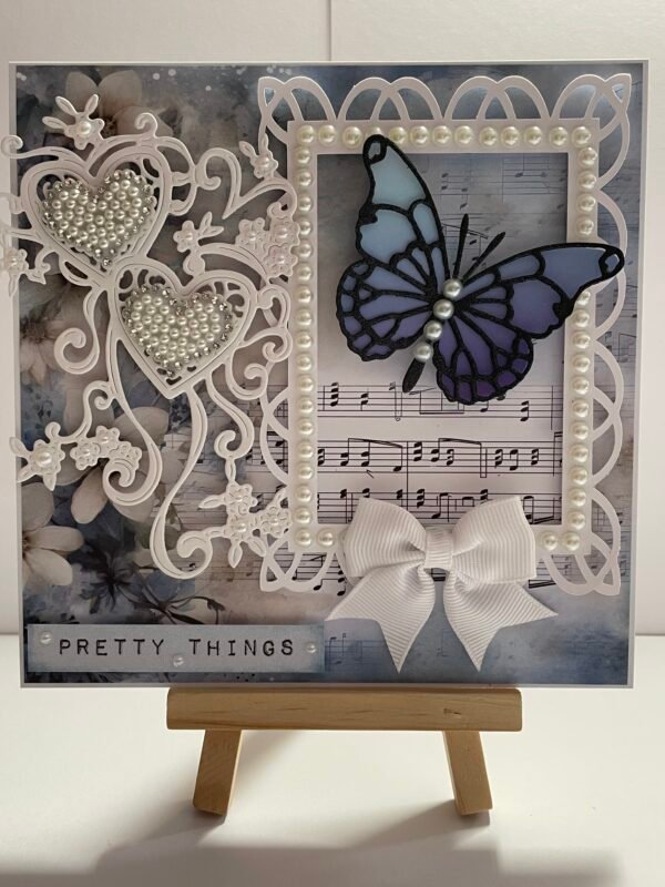 6x6" Luxury 3D Handmade Card Topper - Blue Butterfly - Pearl Hearts - Music - Image 6