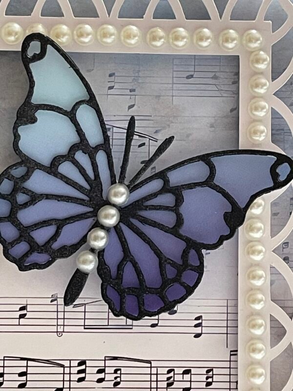 6x6" Luxury 3D Handmade Card Topper - Blue Butterfly - Pearl Hearts - Music - Image 5