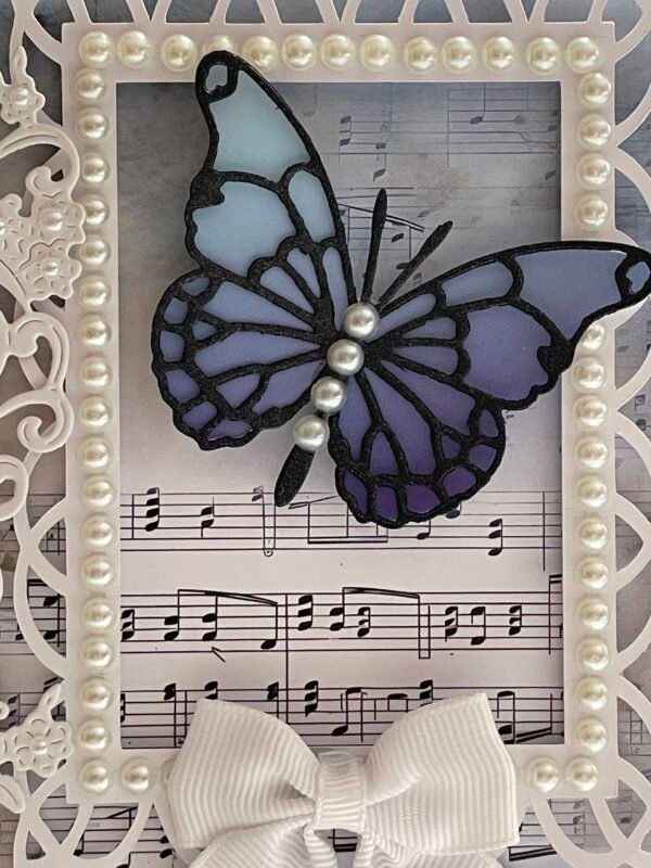 6x6" Luxury 3D Handmade Card Topper - Blue Butterfly - Pearl Hearts - Music - Image 2