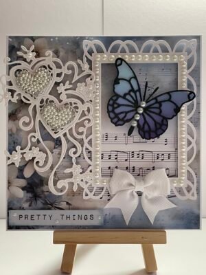 6x6" Luxury 3D Handmade Card Topper - Blue Butterfly - Pearl Hearts - Music