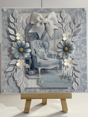 6x6" Luxury 3D Handmade Birthday Card topper. Shabby Blue - Floral Spray Armchair