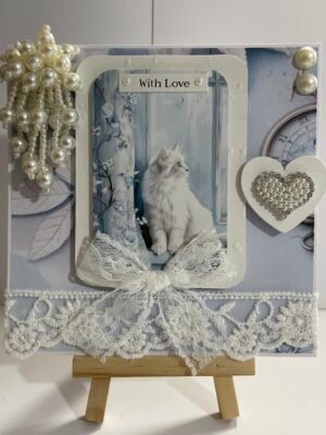 6x6" 3D Luxury Handmade Card Topper. Blue Shabby Chic - White Cat - Pearls