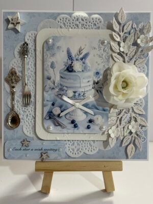 6x6" Luxury 3D Handmade Card Topper. Shabby Blue - Blueberry Cake - Celebration - Floral