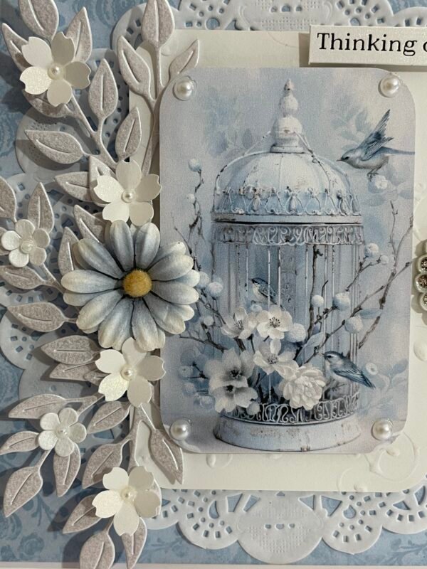 6x6" Luxury 3D Handmade Card Topper. Shabby Blue - Floral Birdcage - Image 2