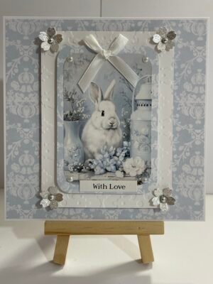 6x6" Luxury 3D Handmade Card Topper. Shabby Blue - White Rabbit - With Love