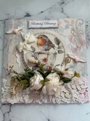 Large 8x8" Luxury Personalised Boxed Birthday Card - Summer Robin - Roses - Pearls
