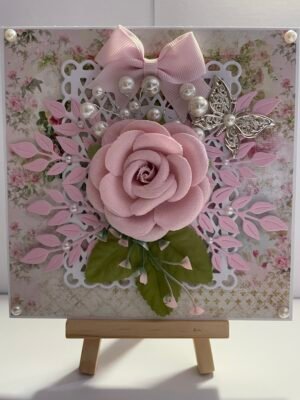6x6" Luxury 3D Handmade Card Topper - Pink Rose - Pearl Spray - Butterfly