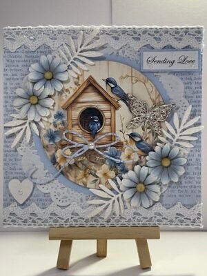 Luxury 3D Boxed Handmade Floral Card - Blue Birds - Birdhouse - Lace - SENDING LOVE
