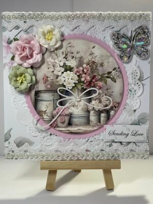 Luxury 6x6" Boxed Handmade Floral Shabby Chic Card - Flowers - Butterfly - SENDING LOVE