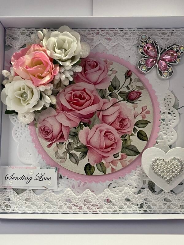 Luxury 6x6" Boxed Floral Card - Roses - Butterfly - Heart - Pearls - Image 3