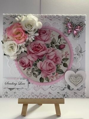 Luxury 6x6" Boxed Floral Card - Roses - Butterfly - Heart - Pearls