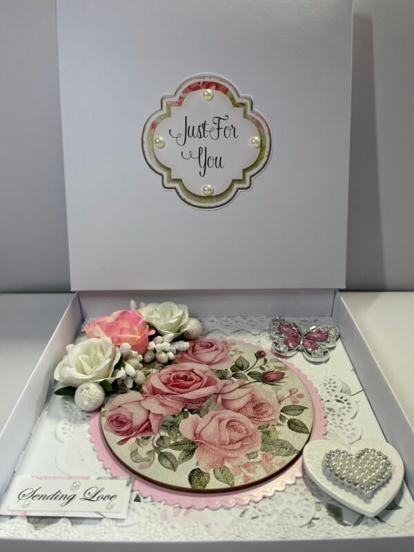 Luxury 6x6" Boxed Floral Card - Roses - Butterfly - Heart - Pearls - Image 2