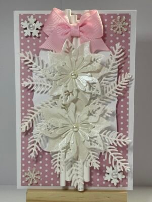 A6 Luxury 3D Sparkly Handmade Christmas Card Topper - Pink - Poinsettias - Snowflakes