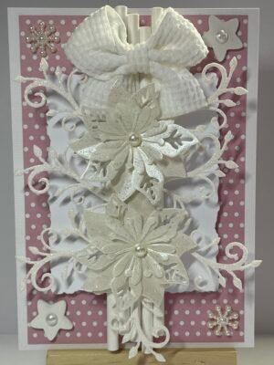 A6 Luxury 3D Handmade Christmas Topper - Pink - Poinsettias - Snowflakes - Sparkly