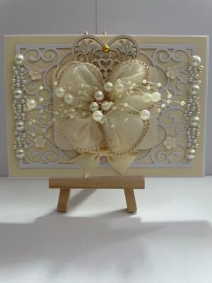 5x7" Classy 3D Handmade Card Topper - Cream Flower & Pearls - Wooden Heart