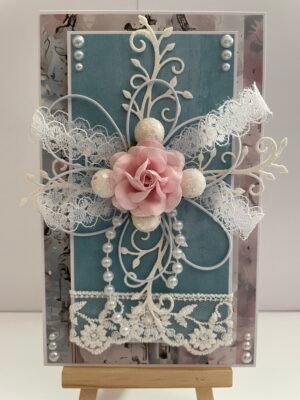 Luxury 3D Handmade Shabby Chic Card Topper - Teal - Pink Rose - Pearls & Lace