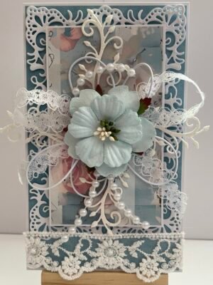DL Luxury 3D Shabby Chic Handmade Card Topper - Teal/Blue Floral Pearl Spray