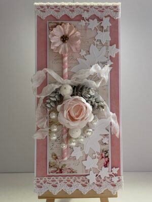DL Luxury 3D Handmade Card Topper Shabby Chic Pink Flowers, Pearl Spray & Frosted Pine Cones