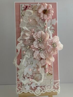 DL Luxury Shabby Chic Handmade Card Topper - Floral Pink Pearl Flower Spray