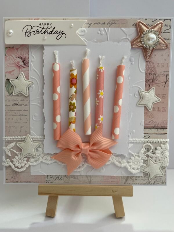 6x6" 3D Handmade Birthday Card Topper - Candles - Stars - Lace - Pearl