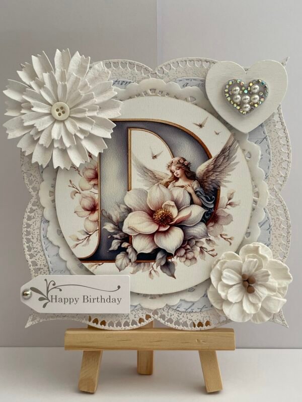 Handmade Floral Shabby Birthday Card Topper - Angel - Initial D - Personalised
