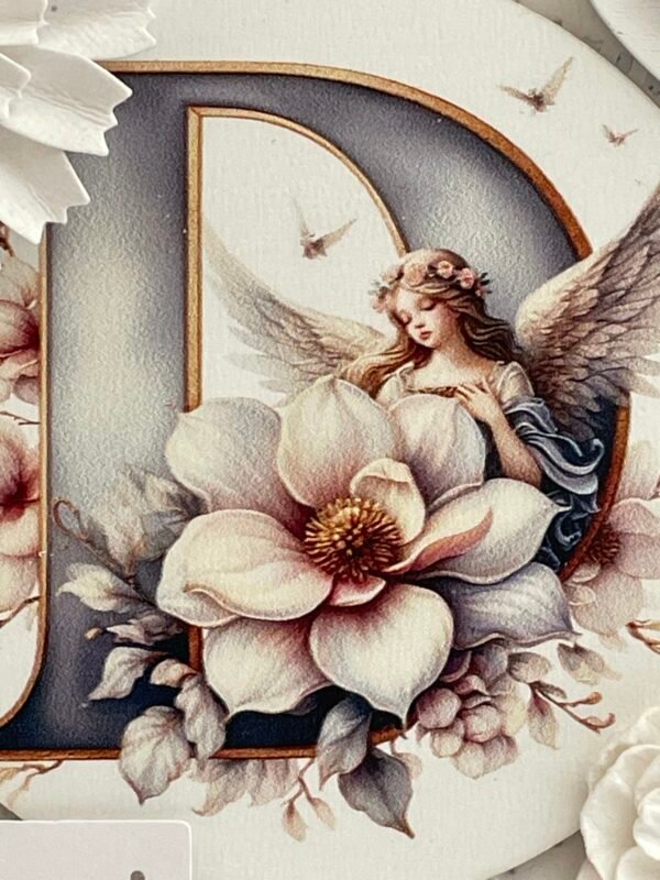 Handmade Floral Shabby Birthday Card Topper - Angel - Initial D - Personalised - Image 2
