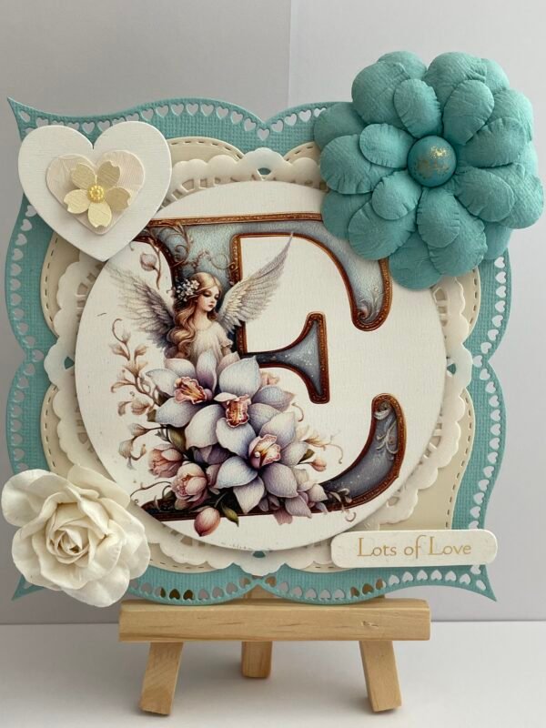 Personalised Initial E Shabby Angel Card Topper - Turquoise - Floral