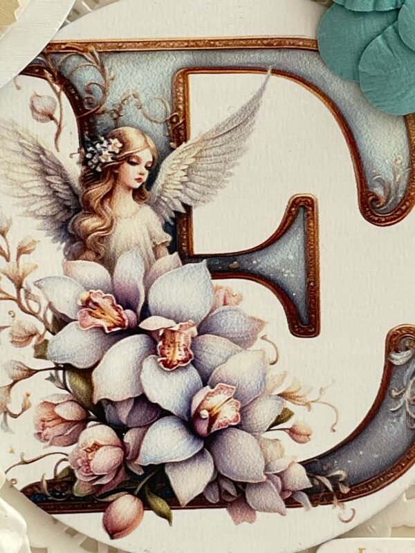Personalised Initial E Shabby Angel Card Topper - Turquoise - Floral - Image 2