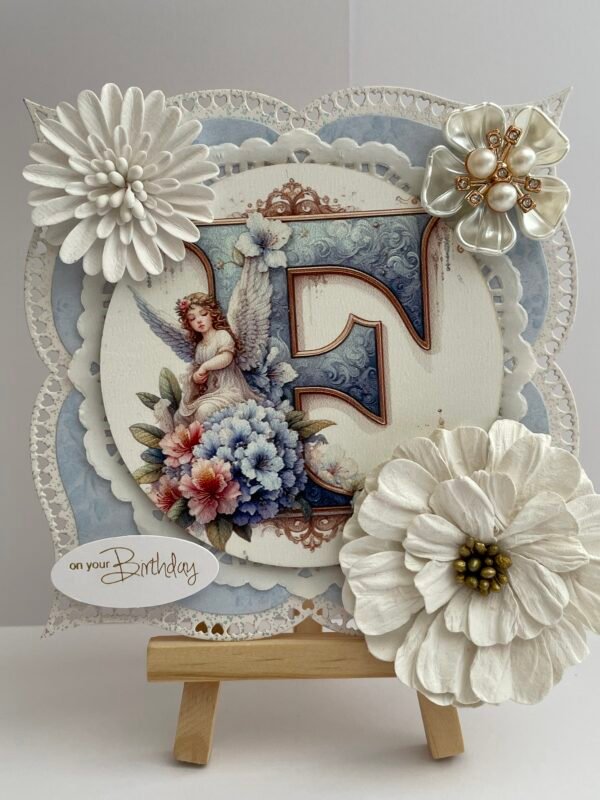 Luxury Initial F Shabby Angel Birthday Card Topper - Floral - Pearls