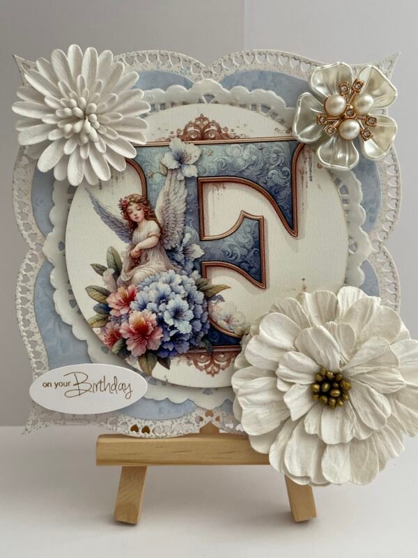 Luxury Initial F Shabby Angel Birthday Card Topper - Floral - Pearls - Image 3