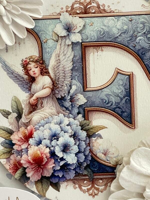 Luxury Initial F Shabby Angel Birthday Card Topper - Floral - Pearls - Image 2