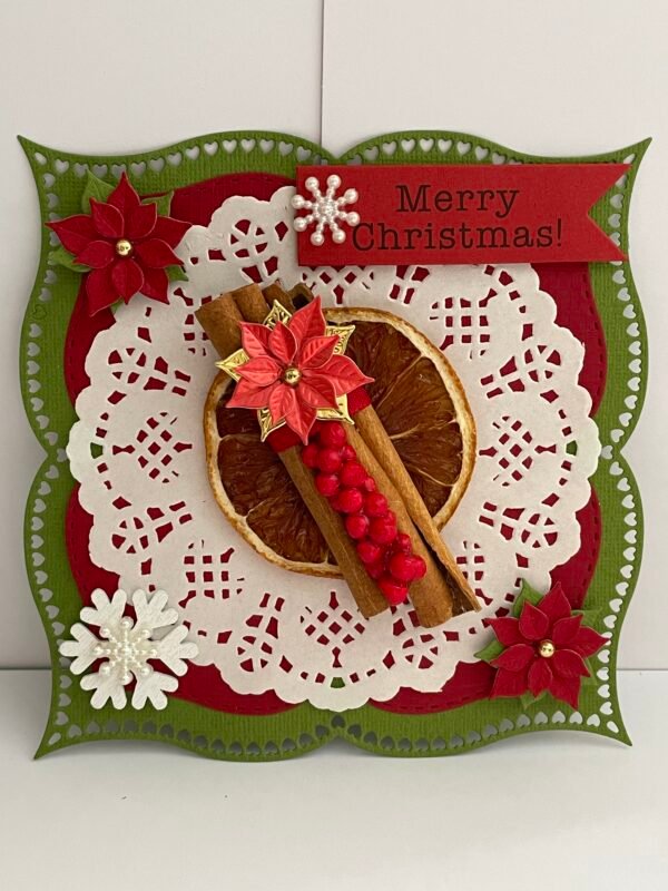 Luxury 3D Handmade Christmas Card Topper - Orange - Cinnamon - Berries - Poinsettias