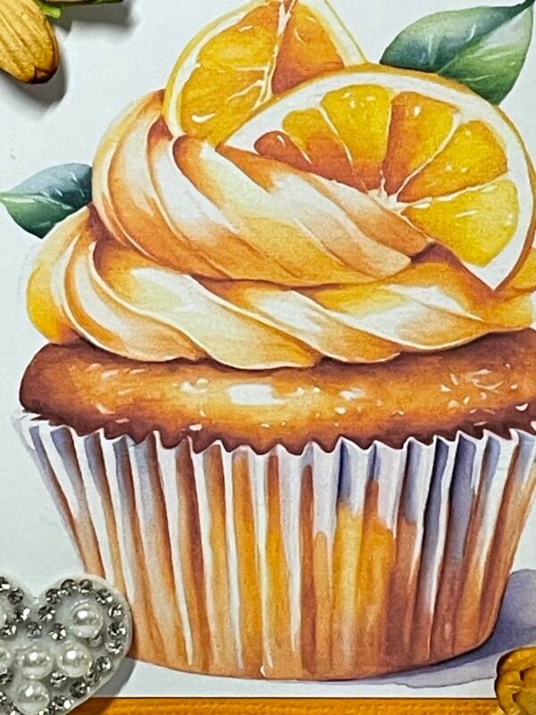 6X6" Luxury 3D Handmade Card Topper - Orange Cupcake - Floral - Fork - Image 2
