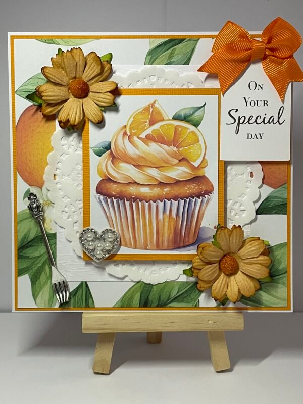 6X6" Luxury 3D Handmade Card Topper - Orange Cupcake - Floral - Fork
