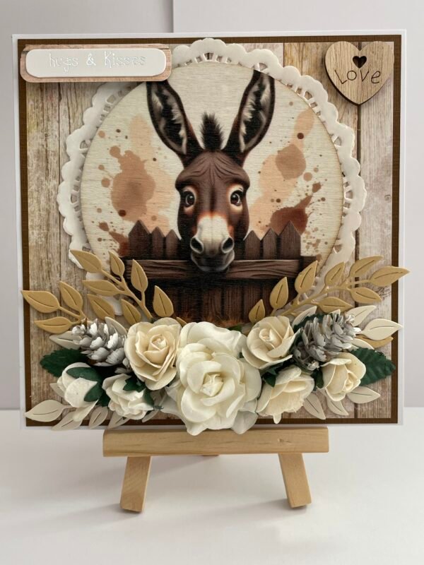 6x6" Luxury 3D Handmade Card Topper - Floral Donkey - Hugs & Kisses