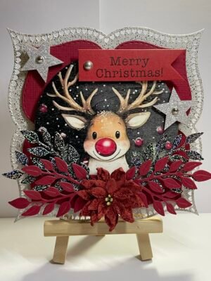 6X6" Luxury 3D Handmade Christmas Card Topper - Rudolph - Reindeer - Glitter Stars