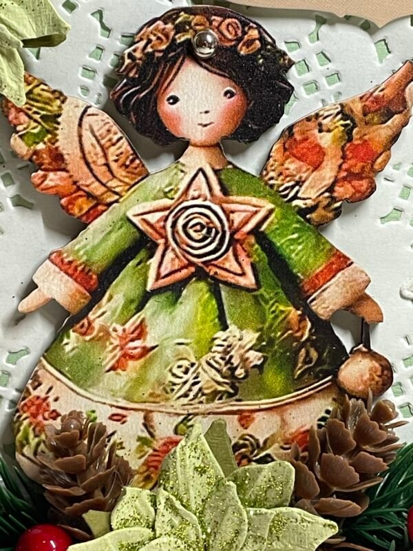 6X6" Luxury Handmade Christmas Card Topper - Angel - Pine & Berries - Pinecones - Image 2
